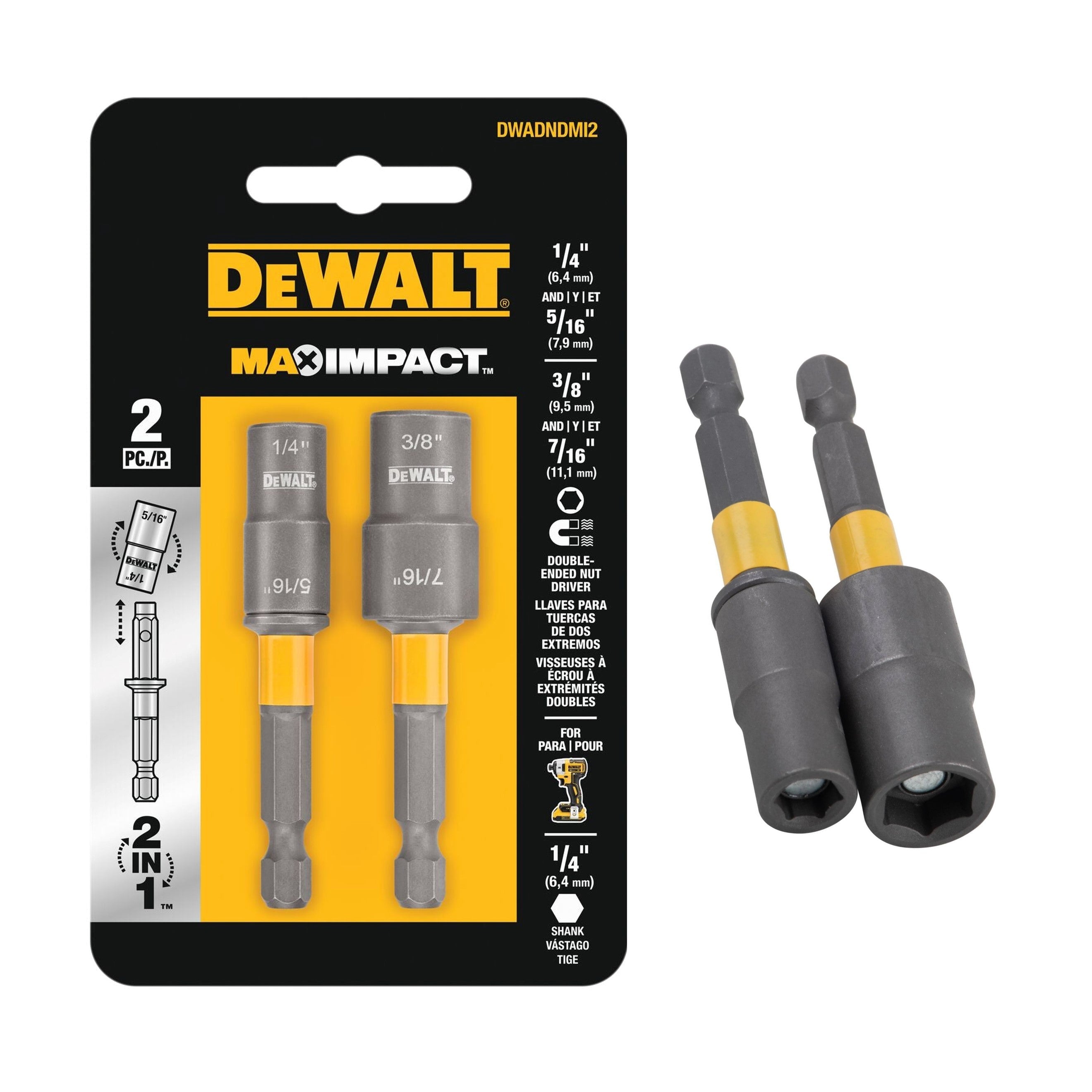 DEWALT Magnetic MAX IMPACT Double Ended Carbon Steel Nut Driver (2-Pcs), include 1/4 to 5/16 & the 3/8 to 7/16 Nut Drivers, DWADNDMI2