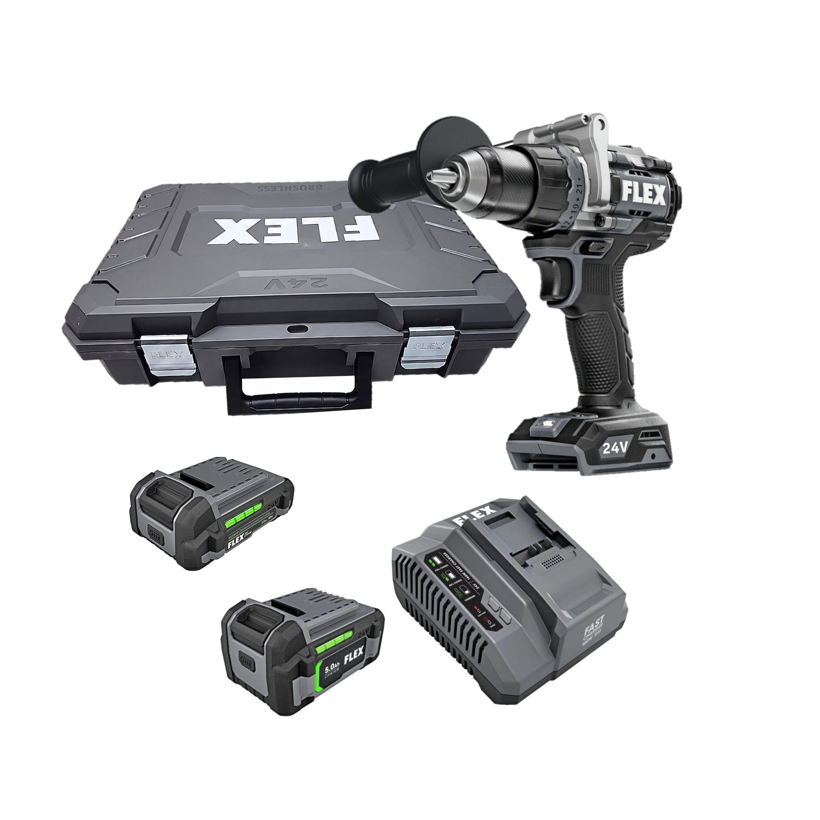 FLEX 24V 1/2-In. 2-Speed Hammer Drill With Turbo Mode Kit, (2 Batteries and a charger Included) FX1271T-2B